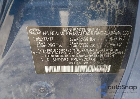 2019 Hyundai Elantra Sel z USA, uszkodzony, nr VIN 5NPD84LFXKH470656